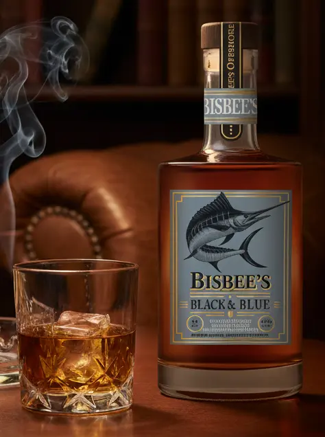 A bottle of Bisbee's Bourbon with a glass.
